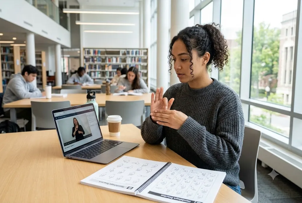 Student practicing how to learn sign language fast through daily visual communication exercises